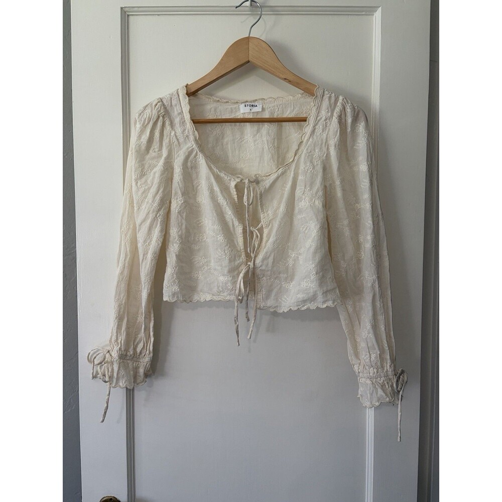 STORIA Cotton Crop Top Tie Front White Ivory Eyelet Embroidered Small Cottage